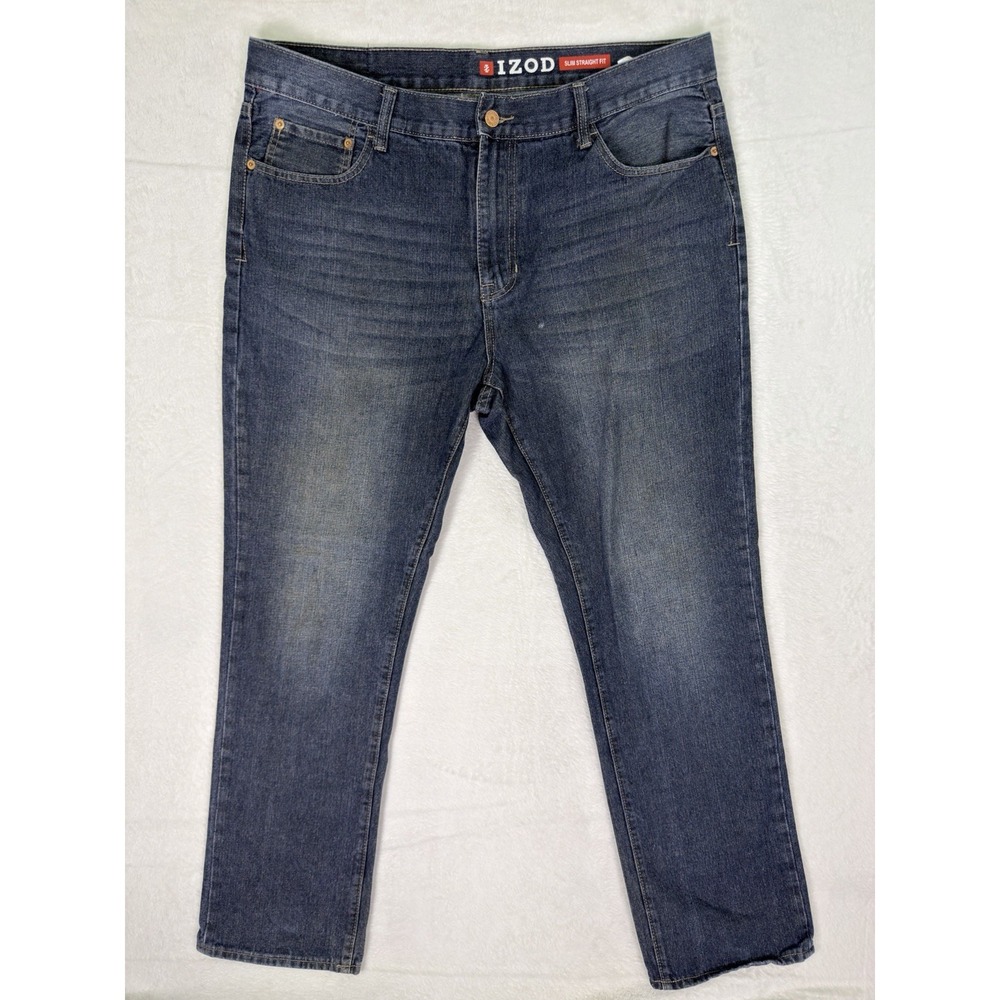 Izod Jeans Mens‎ 38x32 Blue Straight Slim Dark Wash Denim Mid Rise Workwear